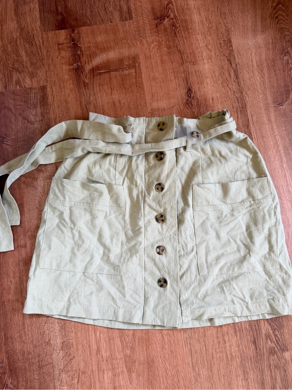 one clothing Sage Green Button-Front Mini Skirt with Tie Belt